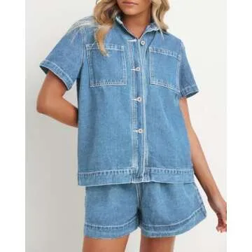 Kedera 2 Piece Denim Outfit for Women Lounge Sets Pajama Sets Short Sleeve Oversized Button Down Boxy Shirts and Shorts Tracksuit