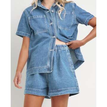 Kedera 2 Piece Denim Outfit for Women Lounge Sets Pajama Sets Short Sleeve Oversized Button Down Boxy Shirts and Shorts Tracksuit