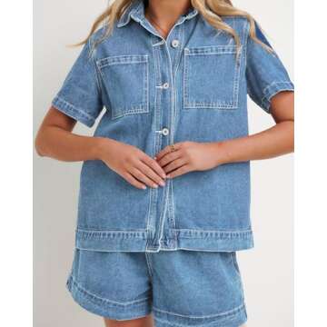 Kedera 2 Piece Denim Outfit for Women Lounge Sets Pajama Sets Short Sleeve Oversized Button Down Boxy Shirts and Shorts Tracksuit