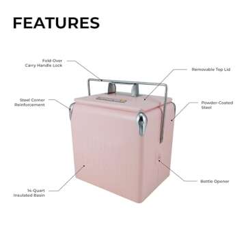 Permasteel 14-Qt Small Retro Vintage Cooler Ice Chest, Hard Metal Portable Beverage Cooler, Personal Cooler for Camping, Beach, and Picnic, Classic Style Ice Chest, Pink