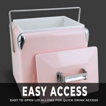 Permasteel 14-Qt Small Retro Vintage Cooler Ice Chest, Hard Metal Portable Beverage Cooler, Personal Cooler for Camping, Beach, and Picnic, Classic Style Ice Chest, Pink