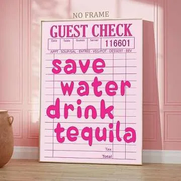 Save Water Drink Tequila Wall Art Cocktail Poster Bar Cart Art Prints Pink Posters for Room Aesthetic Y2k Artwork Tequila Art Print Drink Painting Wall Decor Aesthetic Pink Pictures 16x24inch No Frame