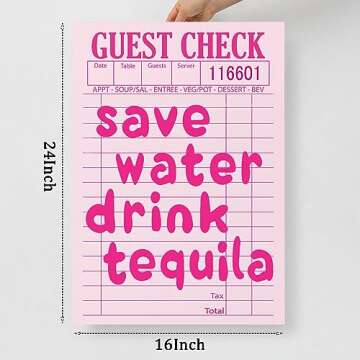 Save Water Drink Tequila Wall Art Cocktail Poster Bar Cart Art Prints Pink Posters for Room Aesthetic Y2k Artwork Tequila Art Print Drink Painting Wall Decor Aesthetic Pink Pictures 16x24inch No Frame