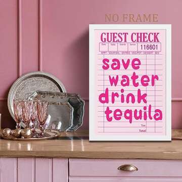 Save Water Drink Tequila Wall Art Cocktail Poster Bar Cart Art Prints Pink Posters for Room Aesthetic Y2k Artwork Tequila Art Print Drink Painting Wall Decor Aesthetic Pink Pictures 16x24inch No Frame