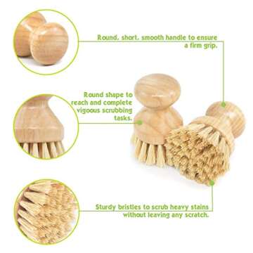 Kitchen Scrub Brush, All Natural Cleaning Brushes for Dish Bottle Vegetable Pan Pot, Scrubber with Bamboo Handle and Coconut Fibers Bristles (4)