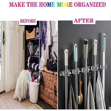 Bosszi Mop and Broom Holder, 4 Positions 5 Hooks Heavy Duty Mop Hanger Wall Mounted Stainless Steel Organizer for Home Laundry Bathroom, Garage Storage Systems Utility Tools Rack