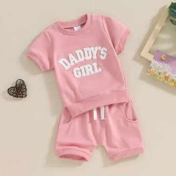 Baby Girl Clothes Infant Summer Outfits Newborn Shorts Sleeve T Shirt Shorts Set Toddler Top Sweatsuit Suit (A Embroidery Daddys Girl Pink, 0-6 Months)