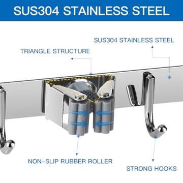 EYEDESL 2 Pack Mop Broom Holder Wall Mount, Stainless Steel Self Adhesive Heavy Duty Broom Organizer...