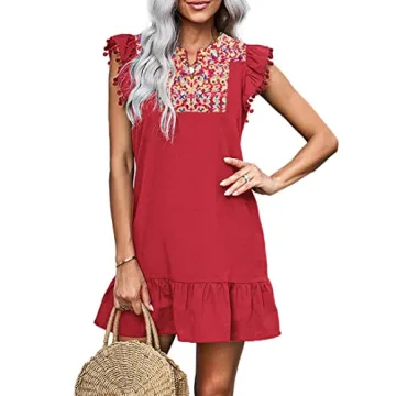 KIRUNDO Women's Summer Mini Dress Casual V Neck Floral Embroidered Valentines Ruffle Sleeveless Shif...