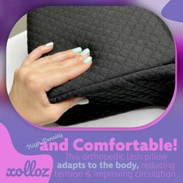 XOLLOZ Pillow for Eyelash Extensions - Curved Memory Foam Lash Bed Pillow with Neck and Back Support, Perfect Pillow for Eyelash Extensions, Two Pockets for Tools On The Sides of Pillow (Black)