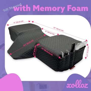 XOLLOZ Pillow for Eyelash Extensions - Curved Memory Foam Lash Bed Pillow with Neck and Back Support, Perfect Pillow for Eyelash Extensions, Two Pockets for Tools On The Sides of Pillow (Black)