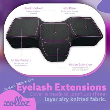XOLLOZ Pillow for Eyelash Extensions - Curved Memory Foam Lash Bed Pillow with Neck and Back Support, Perfect Pillow for Eyelash Extensions, Two Pockets for Tools On The Sides of Pillow (Black)