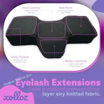 XOLLOZ Pillow for Eyelash Extensions - Curved Memory Foam Lash Bed Pillow with Neck and Back Support, Perfect Pillow for Eyelash Extensions, Two Pockets for Tools On The Sides of Pillow (Black)