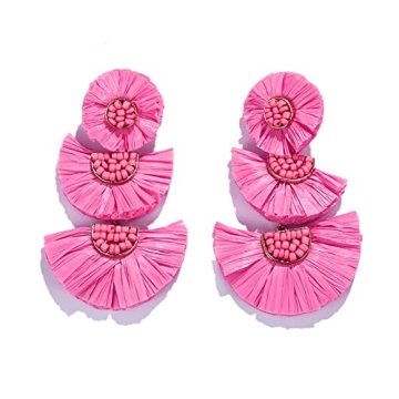 Hot Pink Statement Earrings for Women - Valentines Earrings Beaded Raffia Earrings Bohemian Drop Dan...