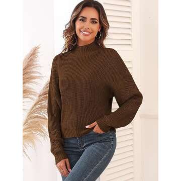 ZAFUL Women's Cropped Turtleneck Sweater Lantern Sleeve Ribbed Knit Pullover Sweater Jumper (1-Deep ...