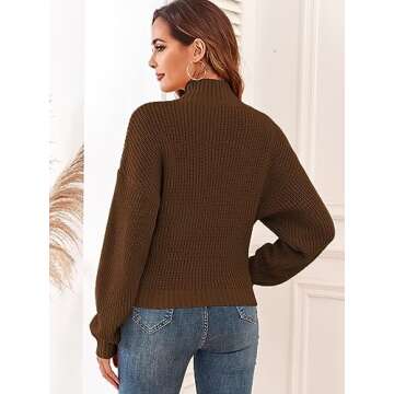ZAFUL Women's Cropped Turtleneck Sweater Lantern Sleeve Ribbed Knit Pullover Sweater Jumper (1-Deep Brown, S)
