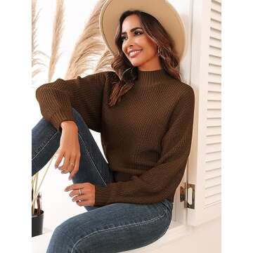 ZAFUL Women's Cropped Turtleneck Sweater Lantern Sleeve Ribbed Knit Pullover Sweater Jumper (1-Deep Brown, S)