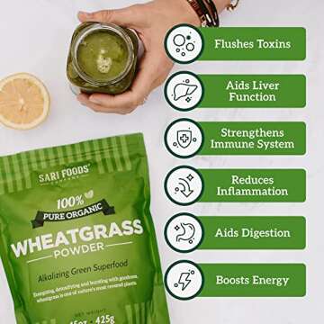 Sari Foods Organic Wheatgrass Powder - Wheat Grass Juice Powder with Chlorophyll, Antioxidants & Vitamins (15 Ounce)