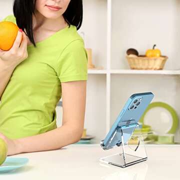 Crpich Acrylic Cell Phone Stand, Portable Phone Holder, Clear Phone Stand for Desk, Compatible with Phone15 14 13 Pro Max Mini 12 11 Plus SE, Switch, Android Smartphone, Pad, Tablet, Desk Accessories