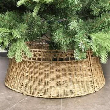 Blissun Christmas Tree Collar, Rattan Farmhouse Christmas Tree Ring, Natural Woven Rustic Christmas Tree Skirt (Hollow, Large)