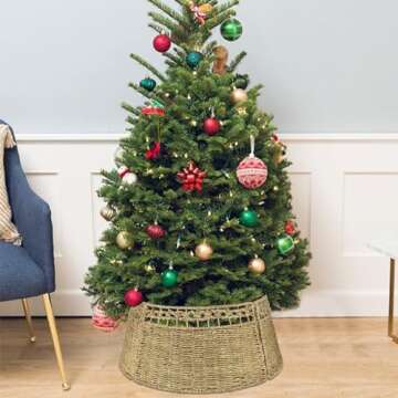 Blissun Christmas Tree Collar, Rattan Farmhouse Christmas Tree Ring, Natural Woven Rustic Christmas Tree Skirt (Hollow, Large)