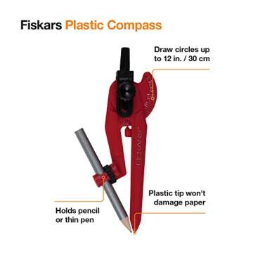 Fiskars Plastic Kids Compass for Geometry - Math Compass for Kids 8+ - Back to School Supplies - Includes Pencil - Color May Vary