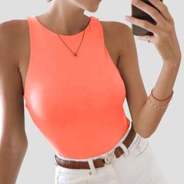 REORIA Womens Sexy Sleeveless High Neck Racer Back Bodysuits Leotard Tank Tops Neon Pink Large