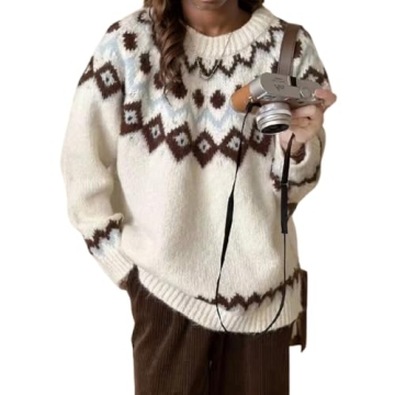Womens Fall Vintage Fair Isle Sweater - Chic Casual Long Sleeve Knit Pullover