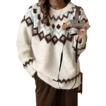 Womens Fall Vintage Fair Isle Sweater - Chic Casual Long Sleeve Knit Pullover