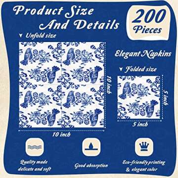Hotop Blue Floral Napkins - 200 Pack for Celebrations