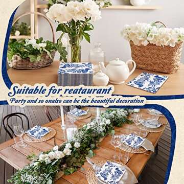 Hotop Blue Floral Napkins - 200 Pack for Celebrations