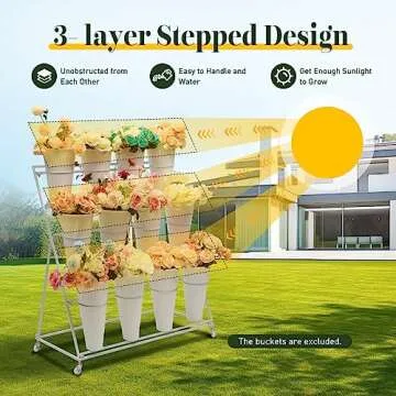 Flower Display Stands with 12 Buckets, Flower Buckets for Cut Flowers 3 Layers Movable Plant Display Stand 12 Cut Flowers Container Heavy Duty Moving Iron Plant Cart Shelf on Wheels for Patio Lawn