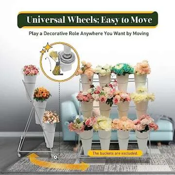 Flower Display Stands with 12 Buckets, Flower Buckets for Cut Flowers 3 Layers Movable Plant Display Stand 12 Cut Flowers Container Heavy Duty Moving Iron Plant Cart Shelf on Wheels for Patio Lawn