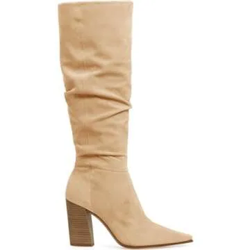 PiePieBuy Womens Faux Suede Knee High Boots Pointed Toe High Chunky Heel Side Zipper Party Dress Booties, Light Khaki, Size 8