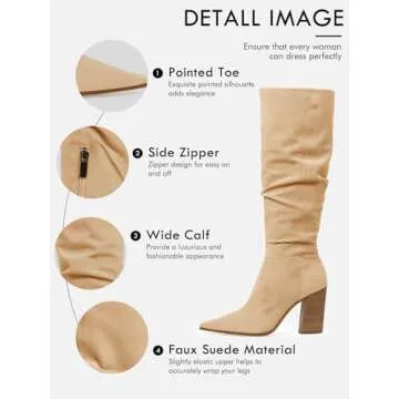 PiePieBuy Womens Faux Suede Knee High Boots Pointed Toe High Chunky Heel Side Zipper Party Dress Booties, Light Khaki, Size 8