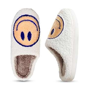 Smile Face Slippers for Women Happy face slippers Retro Soft Plush Warm Slip-on Slippers, Cozy Indoor Outdoor Slippers