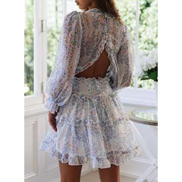 Happy Sailed Womens Wedding Guest Dresses Spring Summer 2024 Deep V Neck Long Sleeve Ruffle Layer Chiffon Swing Mini Dress XL White