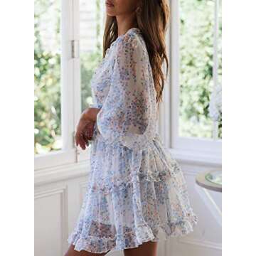 Happy Sailed Womens Wedding Guest Dresses Spring Summer 2024 Deep V Neck Long Sleeve Ruffle Layer Chiffon Swing Mini Dress XL White