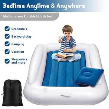 Toddler Travel Bed, Portable Toddler Bed for Kids | Toddler Air Mattress | Inflatable Travel Toddler Bed | Kids Blow Up Mattress with Sides | Two Sides Usable Kids Air Mattress -Navy Blue & Grey