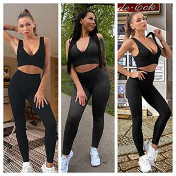 Workout Sets for Women, Seamless Crop Tops Leggings Matching 2 Pieces Outfits, Sexy Two Piece Yoga Workout Outfits (S, Black)