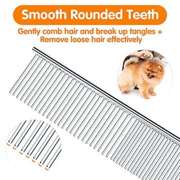 Pettom Pet Steel Grooming Tool Poodle Finishing Butter Comb 7 1/2-inch L Silver Dog Combs with Rounded Ends Stainless Steel Teeth, Cat Comb for Removing Tangles and Knots