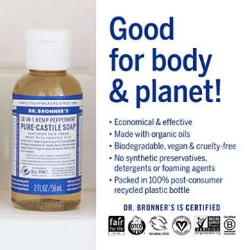 Dr. Bronner's - Pure-Castile Liquid Soap (Peppermint, Travel Size, 2 ounce) - Made with Organic Oils, 18-in-1 Uses: Face, Body, Hair, Laundry, Pets and Dishes, Concentrated, Vegan, Non-GMO