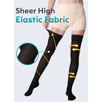 AMZAM Thigh High Sheer Compression Stockings for Women - 15-20 mmHg Graduated Compression Socks - Closed Toe Thigh High Support Stockings with Lace Silicone Band - Work Travel Office, Black Medium