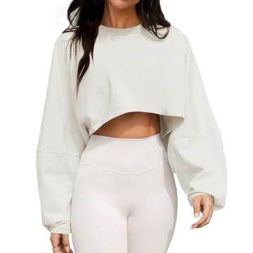 Hragc Women Long Sleeve Crop Tops Crewneck Casual Workout Sweatshirts Pullover in Apricot