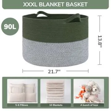 INDRESSME Large Laundry Storage Basket, 21.7 x 13.8 Blanket Baskets for Organizing Decorative Rope Basket Living Room Bedroom Nursery Toy Storage Basket for Colthes Towel, Empty Gift Basket, Green