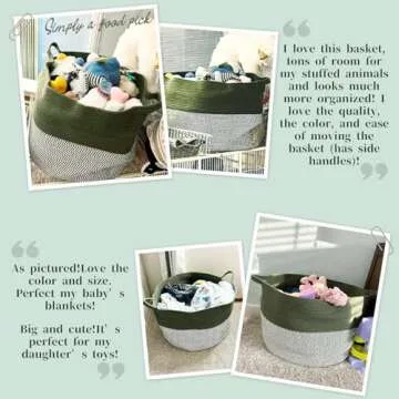 INDRESSME Large Laundry Storage Basket, 21.7 x 13.8 Blanket Baskets for Organizing Decorative Rope Basket Living Room Bedroom Nursery Toy Storage Basket for Colthes Towel, Empty Gift Basket, Green