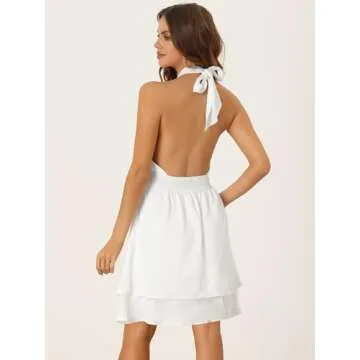 Allegra K Halter Neck Sleeveless Dress for Women's Summer Smocked Backless Layered Mini Dresses Medium White