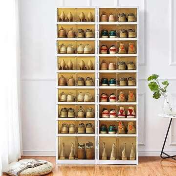 AOHMPT Shoe Box Foldable Storage Box Easy Assembly Clear Plastic Stackable Shoe Storage Cabinet Shoe Organizer Shoe Container Box with Lids Large Size Shoe Rack (9 layers)