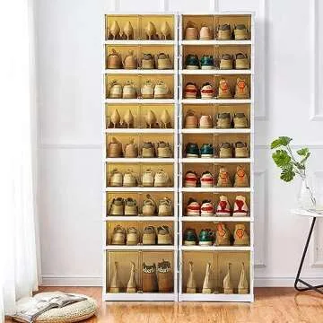 AOHMPT Shoe Box Foldable Storage Box Easy Assembly Clear Plastic Stackable Shoe Storage Cabinet Shoe Organizer Shoe Container Box with Lids Large Size Shoe Rack (9 layers)