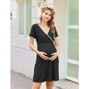 Ekouaer Nursing Nightown Delivery and Labor Gown for Hospital Short Sleeve Maternity Breastfeeding Dress Black Medium